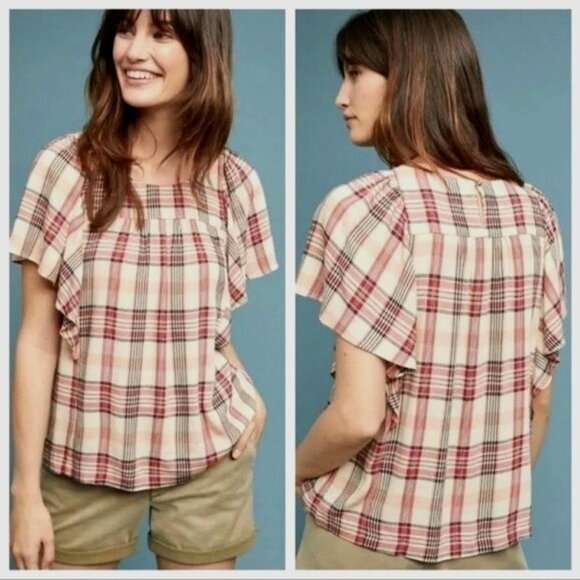 Anthropologie Maeve Priscilla Plaid Flutter Sleeve Top Size‎ Small - Picture 1 of 8